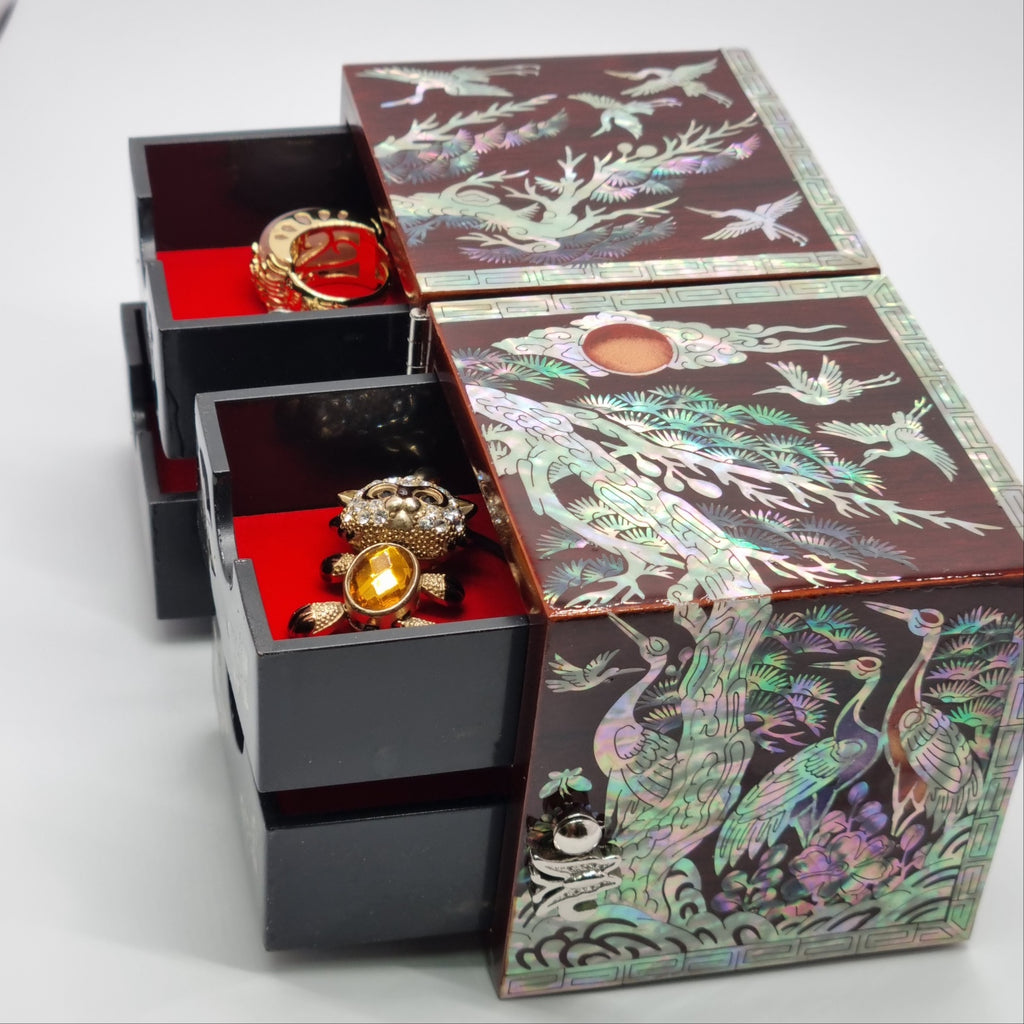Korean stunning red songhaks mother-of-pearl jewelry box crane organizer box