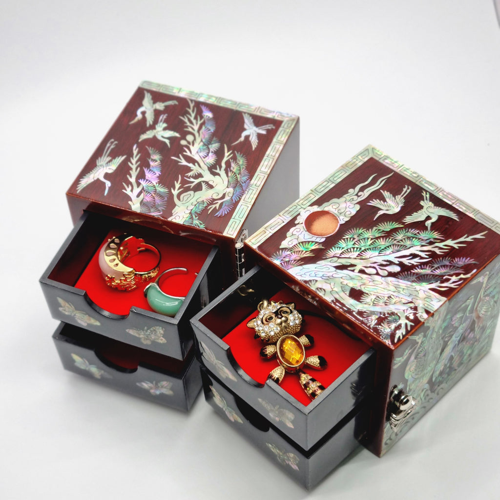 Korean stunning red songhaks mother-of-pearl jewelry box crane organizer box