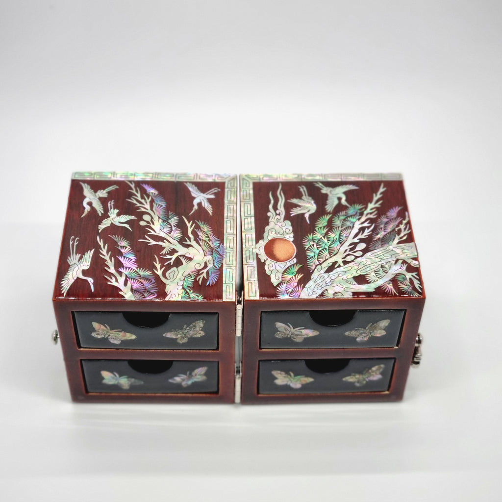 Korean stunning red songhaks mother-of-pearl jewelry box crane organizer box