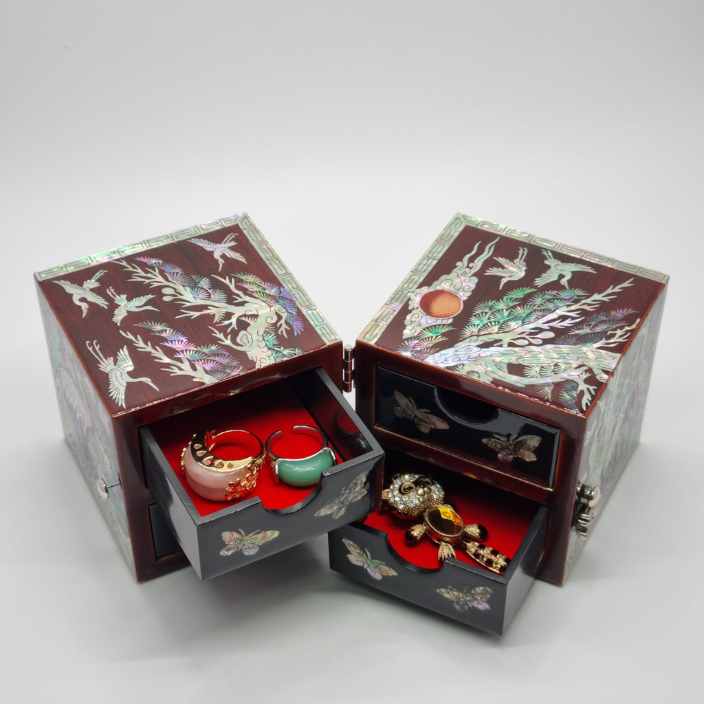 Korean stunning red songhaks mother-of-pearl jewelry box crane organizer box