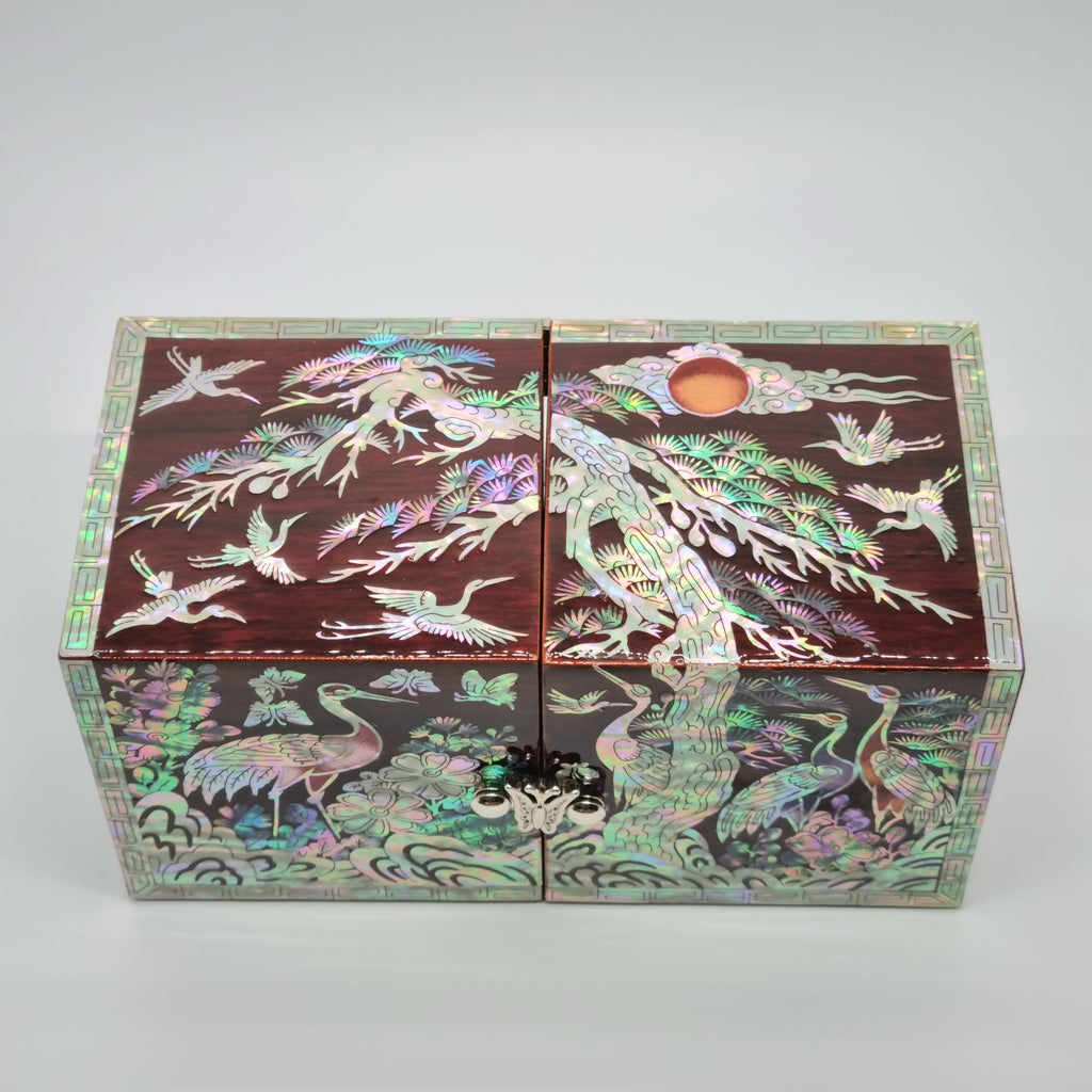 Korean stunning red songhaks mother-of-pearl jewelry box crane organizer box