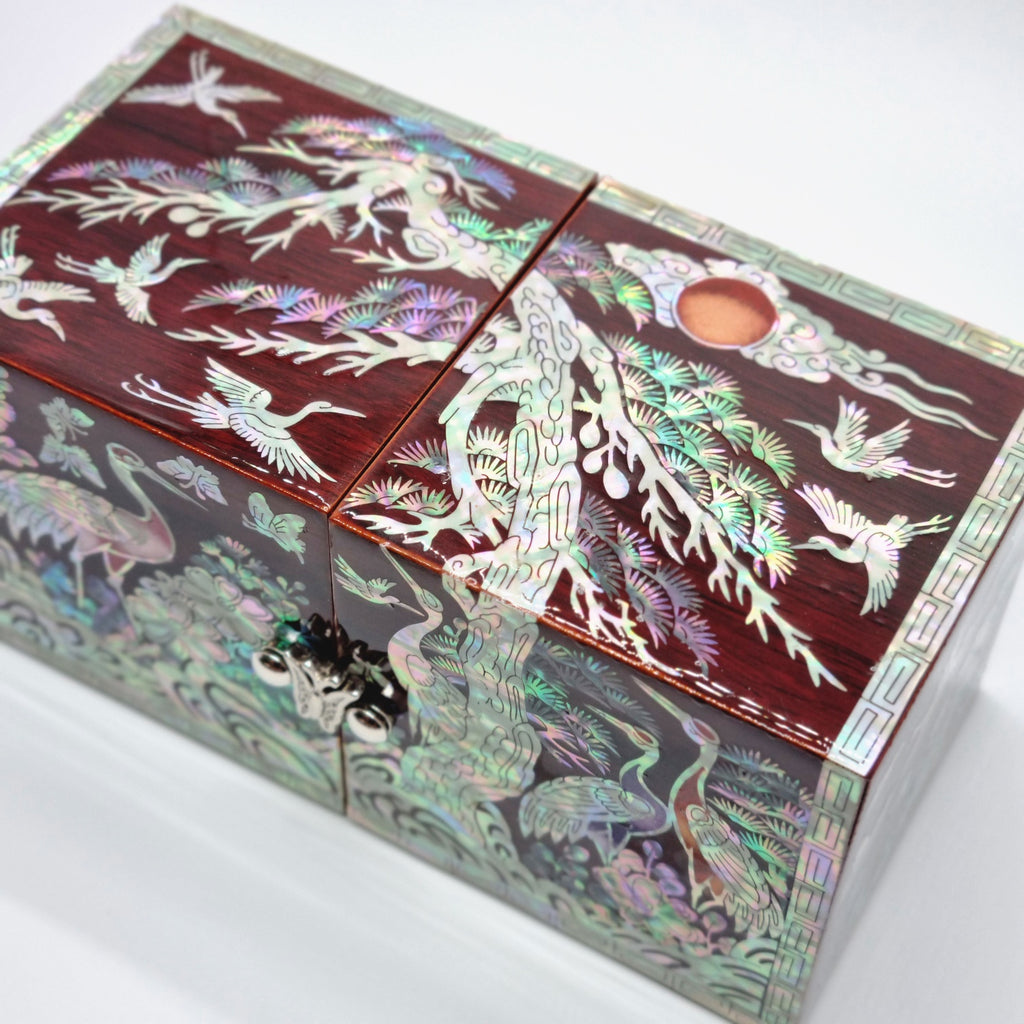 Korean stunning red songhaks mother-of-pearl jewelry box crane organizer box