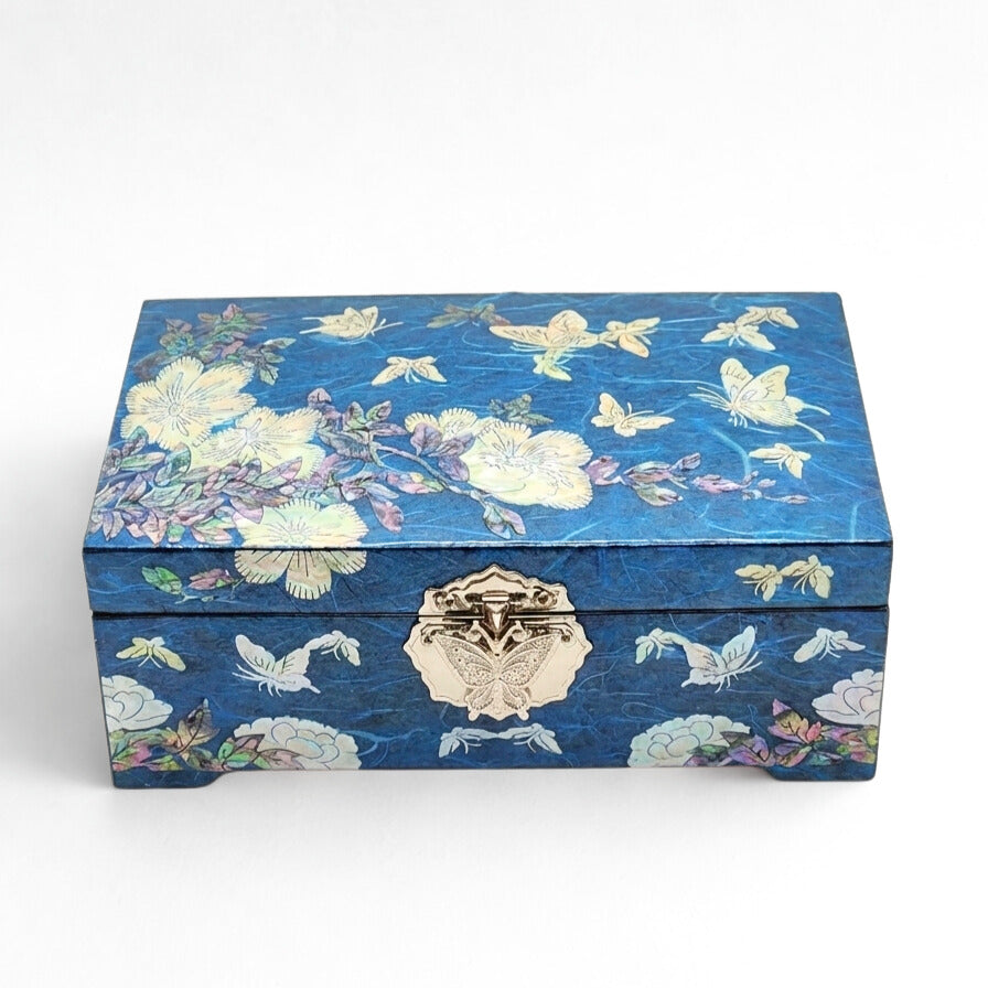 Korean Peony Blue Hanji Jewelry Box made of Mother Of Pearl
