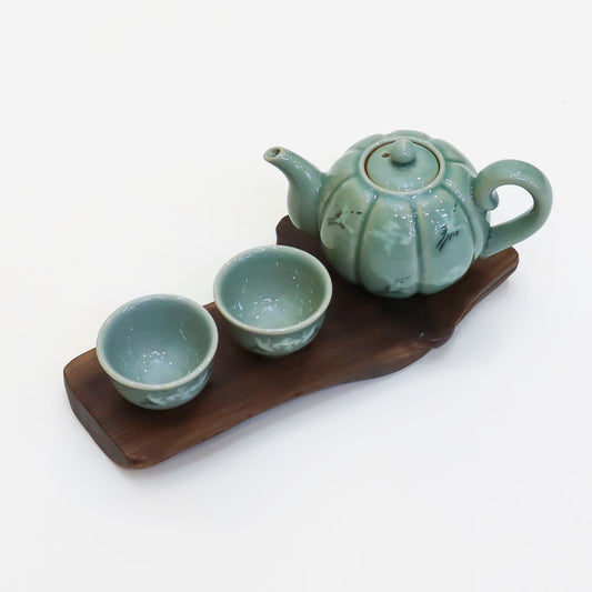 Korean Traditonal Handmade Celadon Pumpkin Shaped Kettle & Tea Cups Set with Inlaid Cranes
