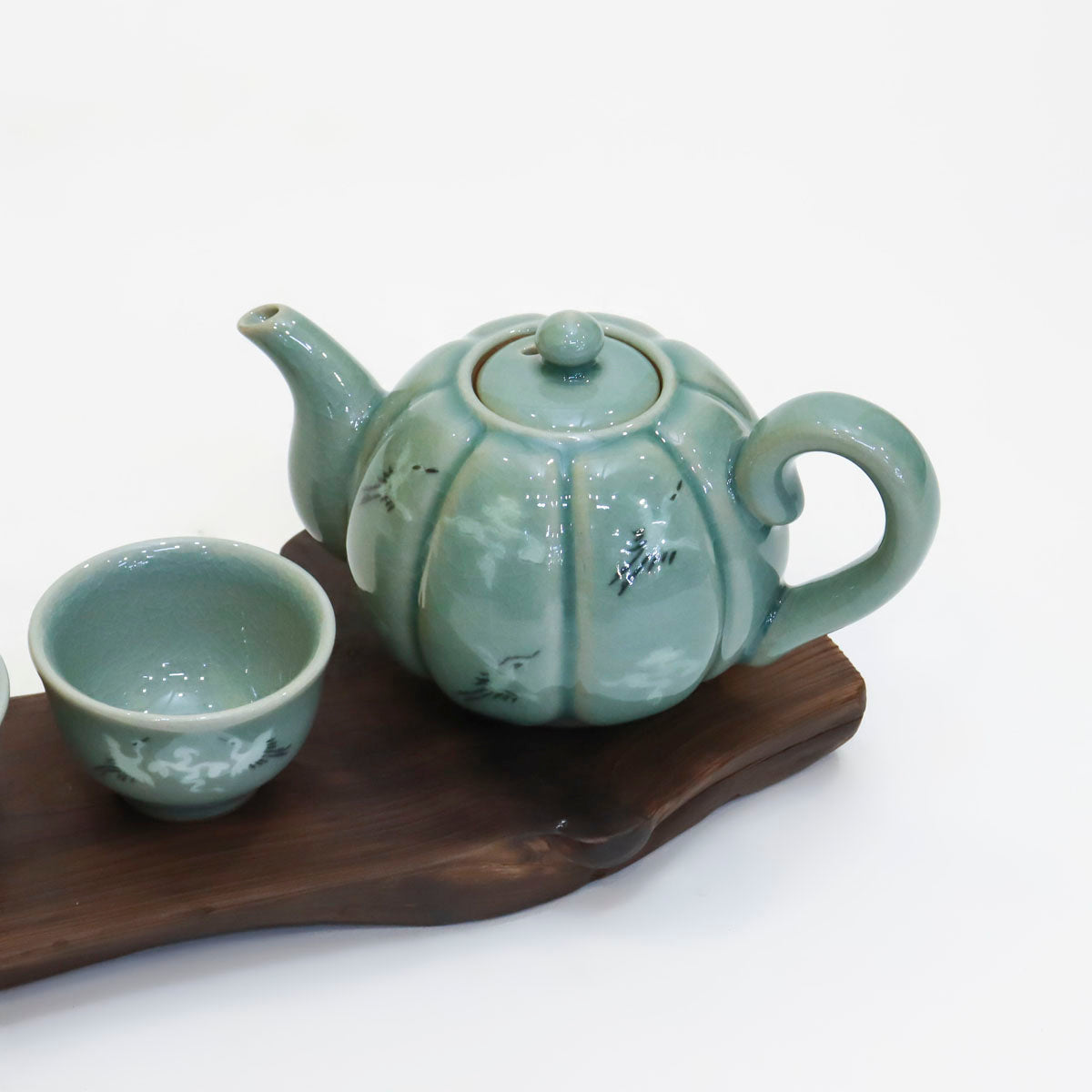 Korean Traditonal Handmade Celadon Pumpkin Shaped Kettle & Tea Cups Set with Inlaid Cranes