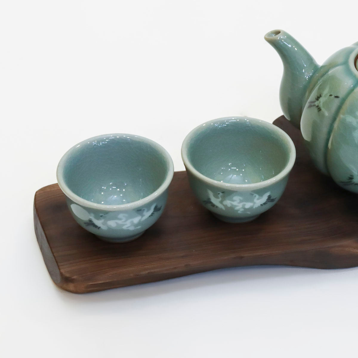 Korean Traditonal Handmade Celadon Pumpkin Shaped Kettle & Tea Cups Set with Inlaid Cranes