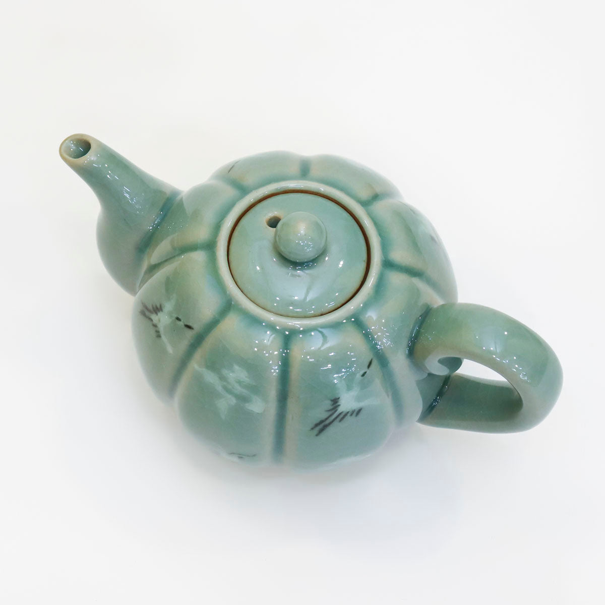 Korean Traditonal Handmade Celadon Pumpkin Shaped Kettle & Tea Cups Set with Inlaid Cranes