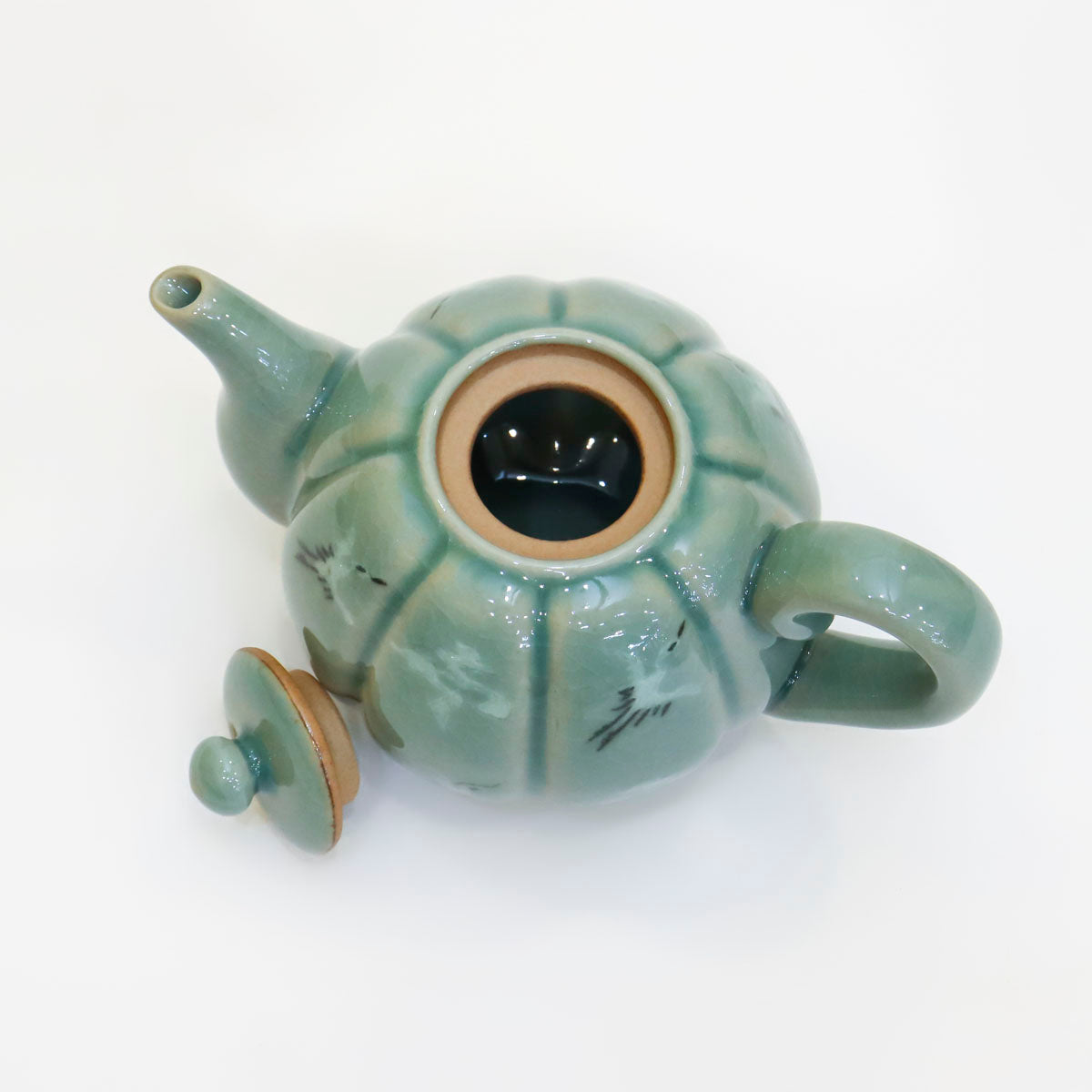 Korean Traditonal Handmade Celadon Pumpkin Shaped Kettle & Tea Cups Set with Inlaid Cranes