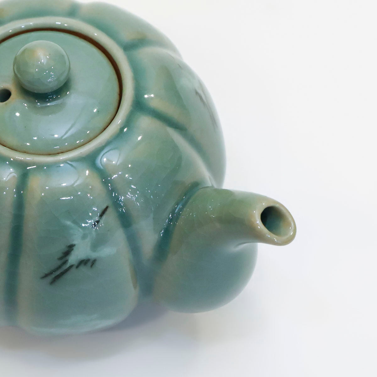 Korean Traditonal Handmade Celadon Pumpkin Shaped Kettle & Tea Cups Set with Inlaid Cranes