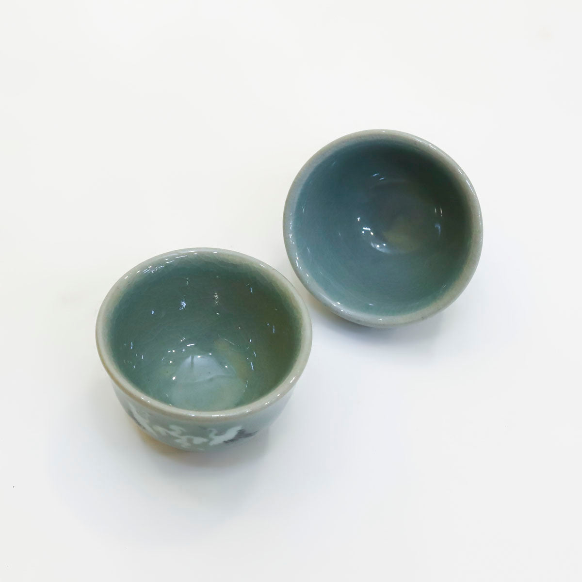 Korean Traditonal Handmade Celadon Pumpkin Shaped Kettle & Tea Cups Set with Inlaid Cranes