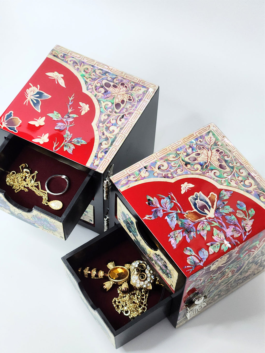 Red Mother of pearl Jewelry Box Najeon Lacquer Two stage mother of pearl box
