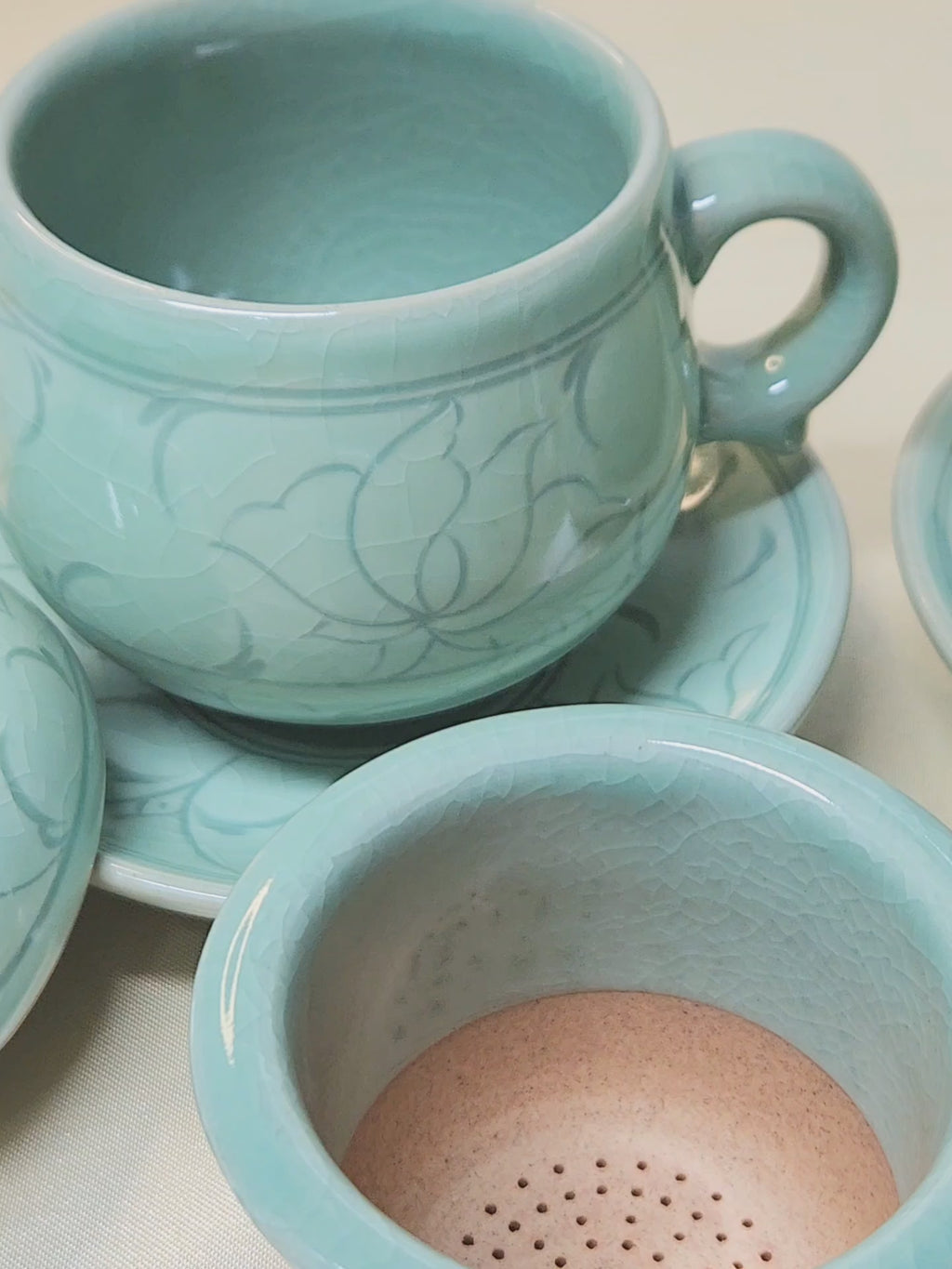 Korean celadon white inlay dangcho tea cup set (2p set)