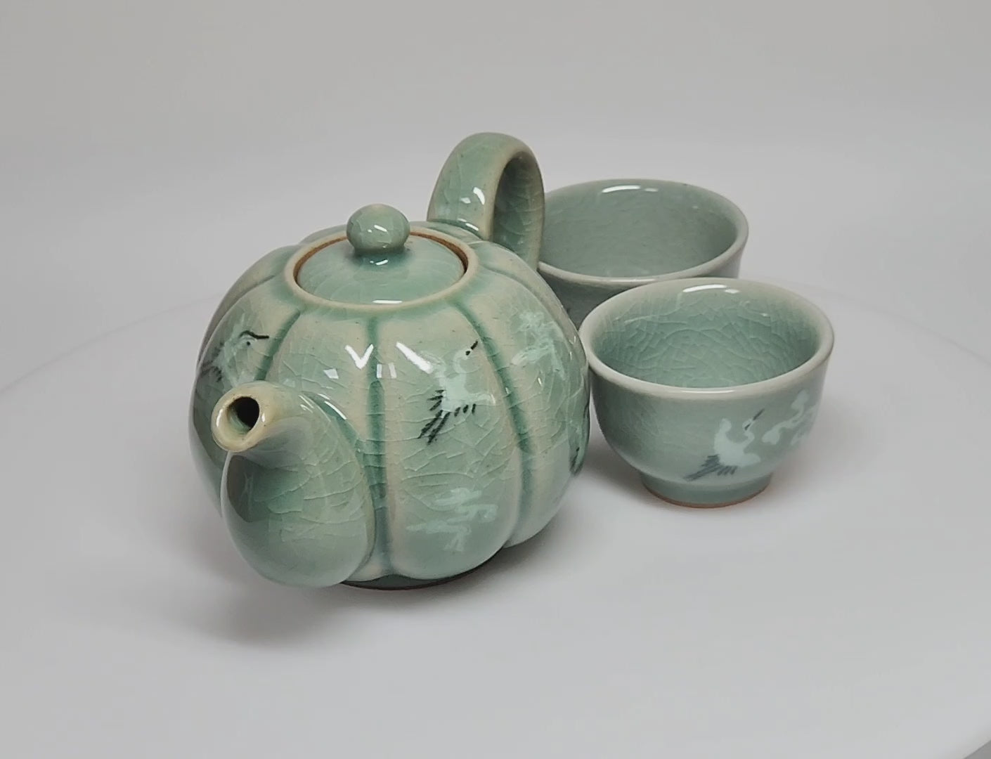 Korean Traditonal Handmade Celadon Pumpkin Shaped Kettle & Tea Cups Set with Inlaid Cranes