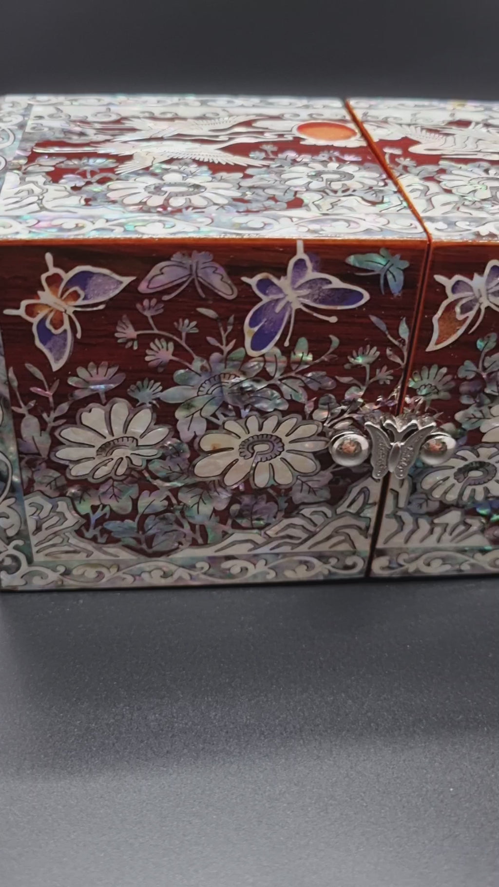 Korean red mother-of-pearl rose jewelry box flowers crane organizer box