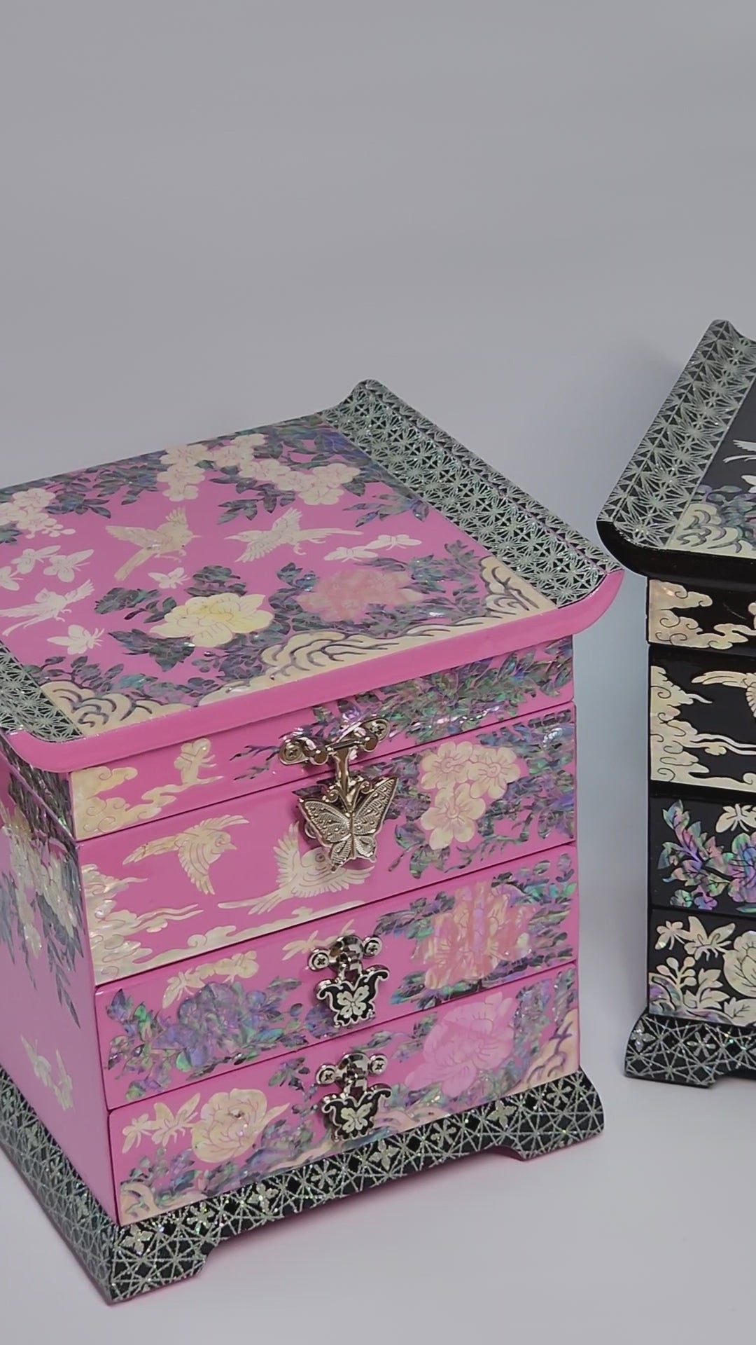 Korean Mother of Pearl Jewelry Box 2 drawers Peony and Butterlfy Birds Design Unique Gift ideas for Her Christams Birthday Wedding