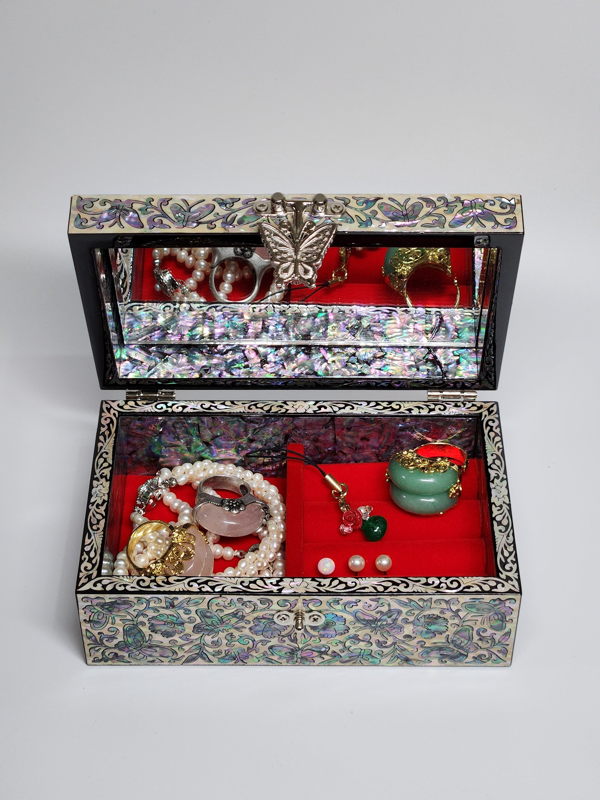 Full mother of pearl premium fancy jewelry box with mirror lid for women gifts