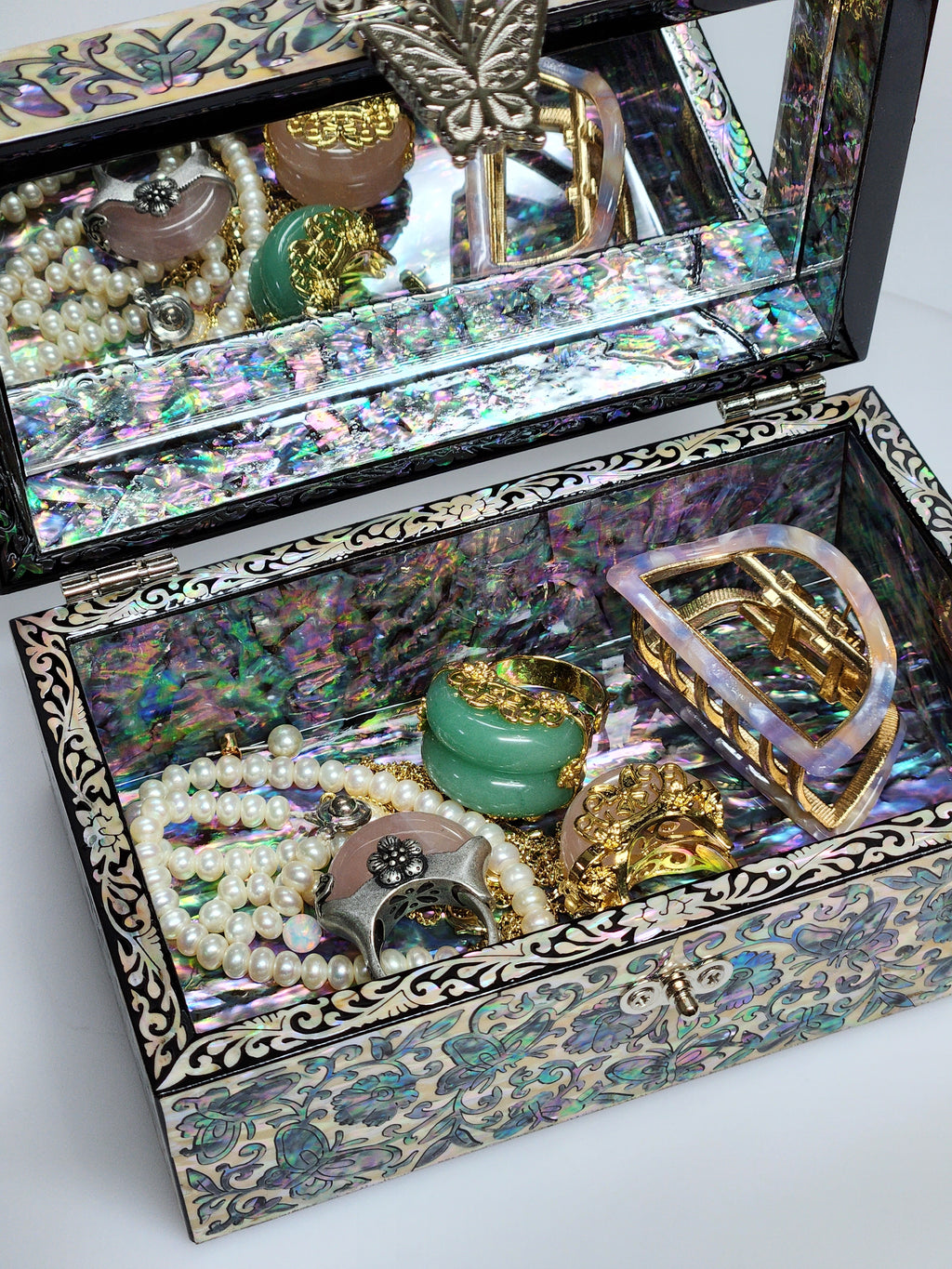Full mother of pearl premium fancy jewelry box with mirror lid for women gifts