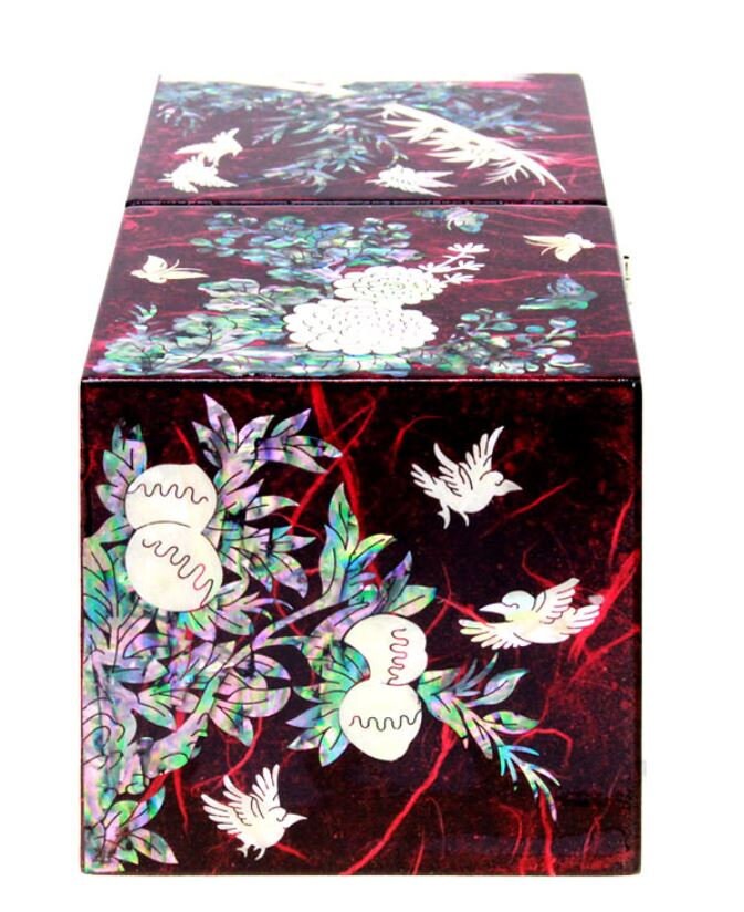 Korean Hanji Ssanghap (the Four Gracious Plants) red secret mother of pearl jewelry box
