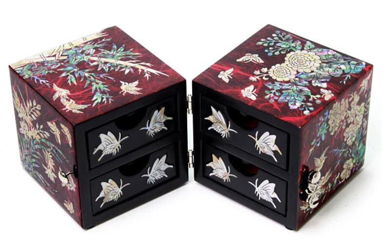 Korean Hanji Ssanghap (the Four Gracious Plants) red secret mother of pearl jewelry box