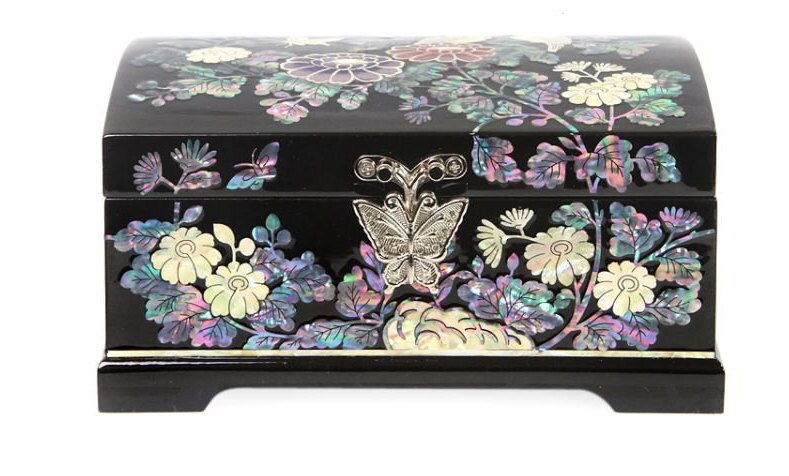 Najeon 2-stage painting of flowers and birds mother of pearl jewelry box black (16cm)