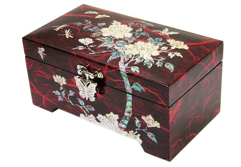 Korean Hanji, mother of pearl mini wooden red jewelry box (15cm)