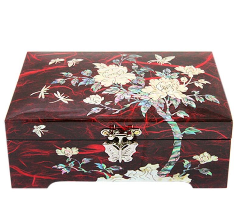 Korean Hanji, mother of pearl mini wooden red jewelry box (15cm)