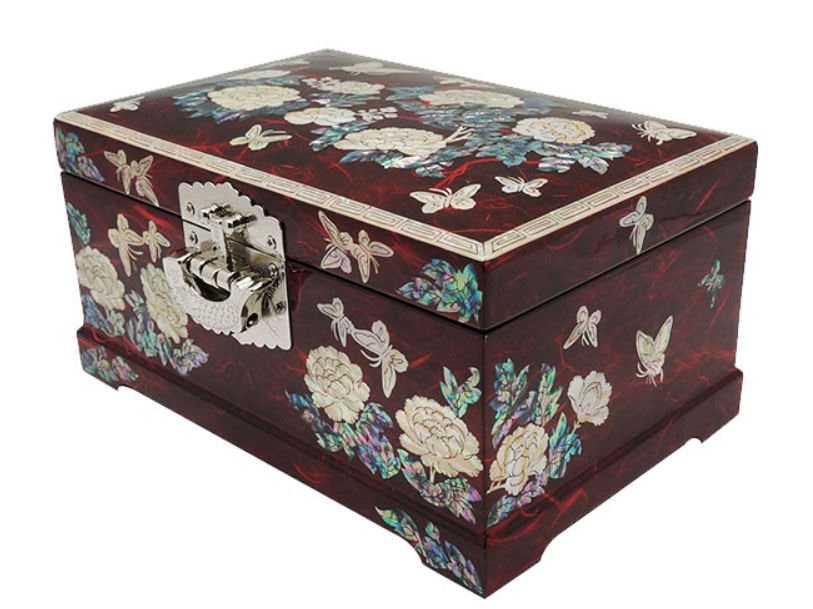 Peony Korean paper Hanji red 2 stage mother of pearl jewelry box