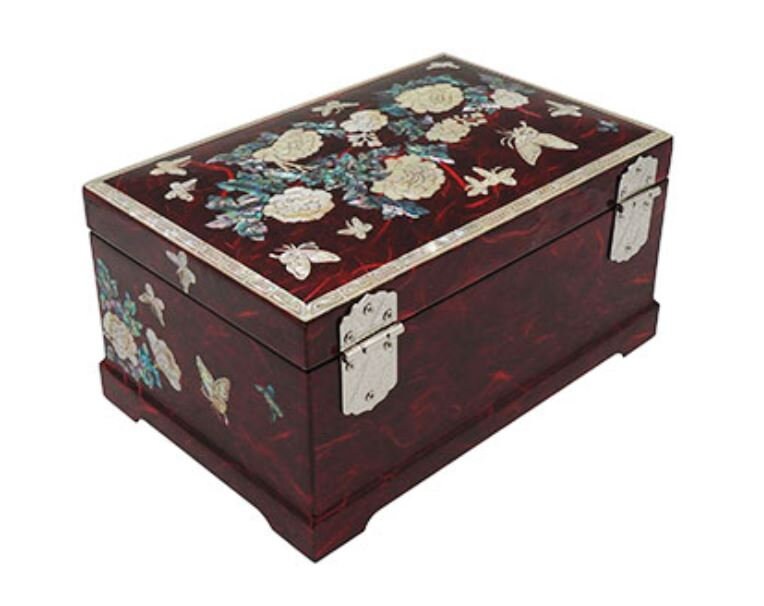 Peony Korean paper Hanji red 2 stage mother of pearl jewelry box