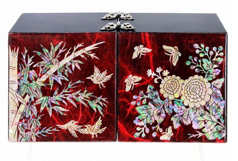Korean Hanji Ssanghap (the Four Gracious Plants) red secret mother of pearl jewelry box