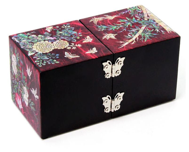 Korean Hanji Ssanghap (the Four Gracious Plants) red secret mother of pearl jewelry box