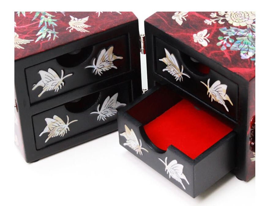 Korean Hanji Ssanghap (the Four Gracious Plants) red secret mother of pearl jewelry box