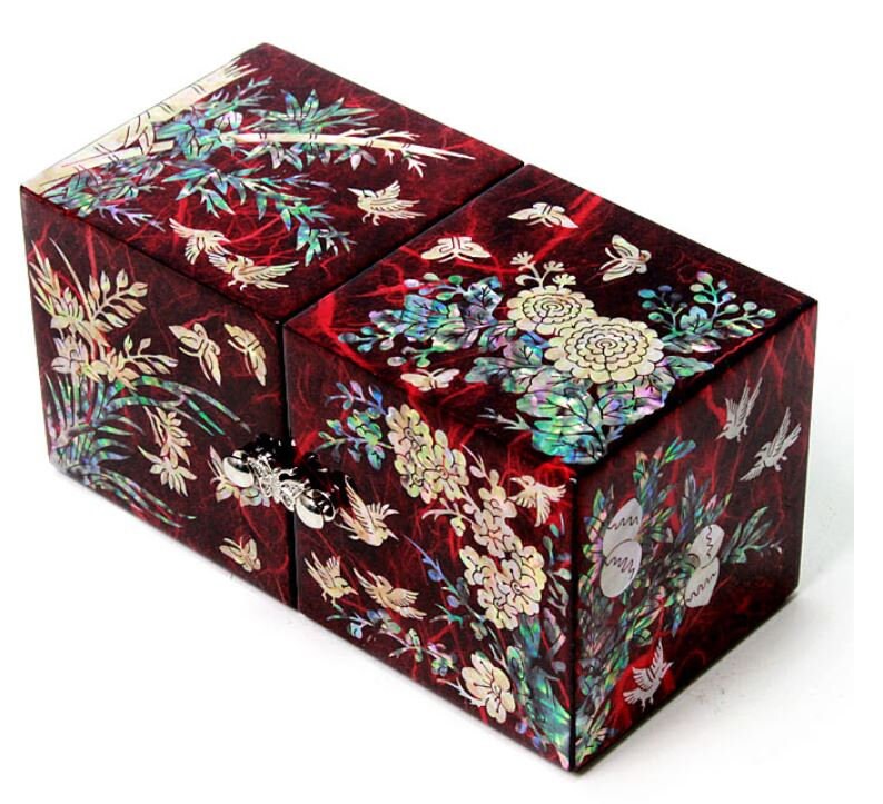 Korean Hanji Ssanghap (the Four Gracious Plants) red secret mother of pearl jewelry box