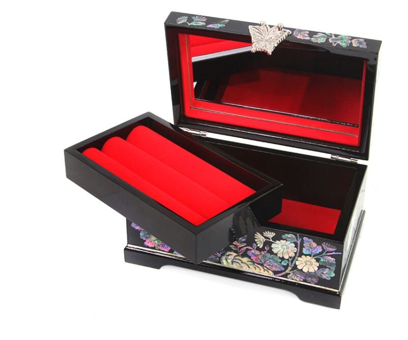 Najeon 2-stage painting of flowers and birds mother of pearl jewelry box black (16cm)