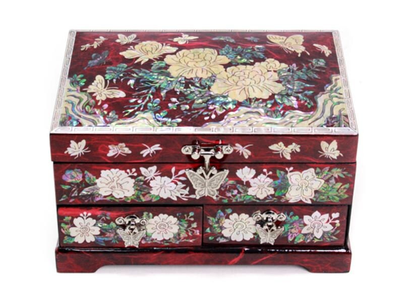 Najeon Lacquer Hanji Butterfly Peony 2 Drawers Jewelry Box (17.5cm)