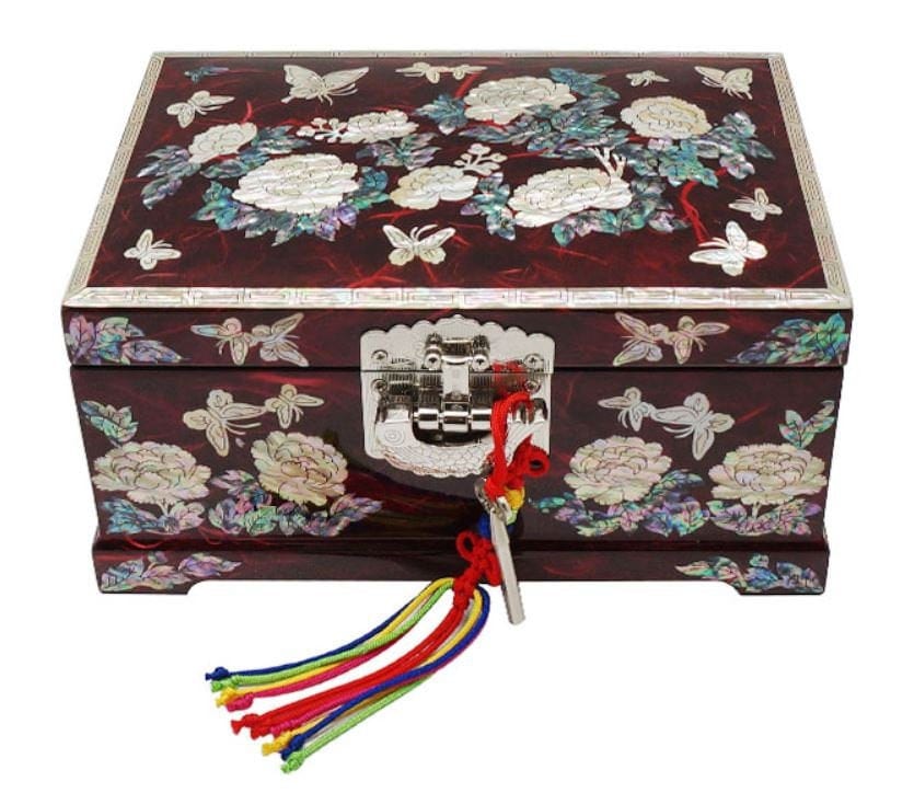 Peony Korean paper Hanji red 2 stage mother of pearl jewelry box