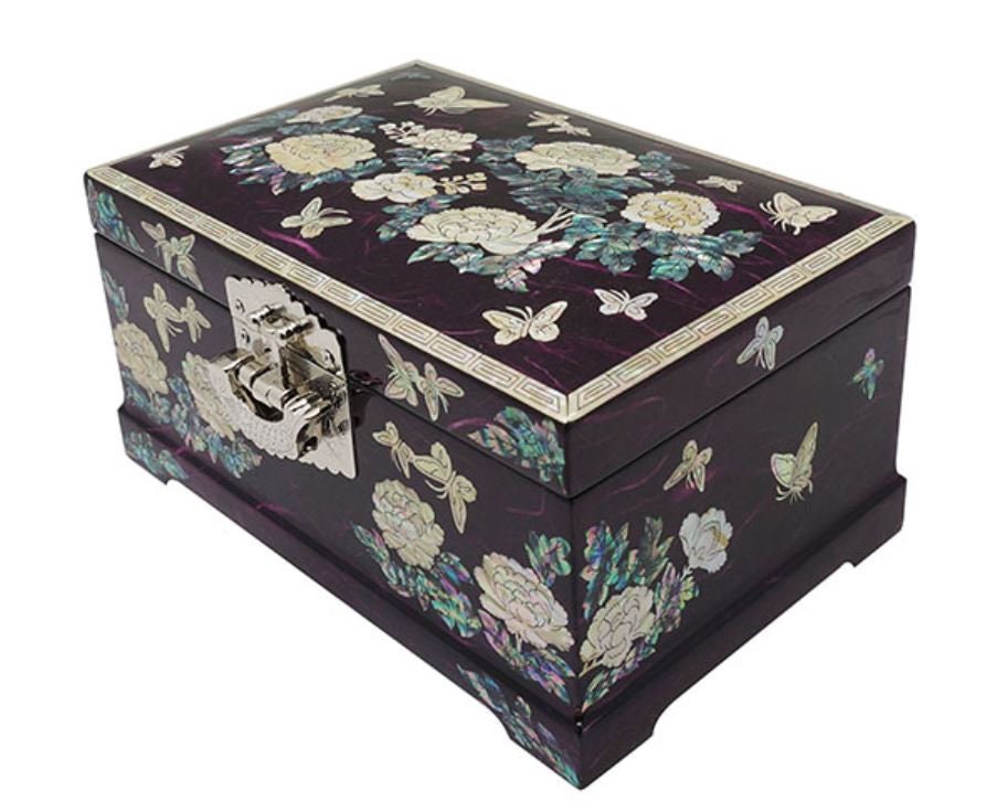 Peony Korean paper Hanji purple 2 stage mother of pearl jewelry box