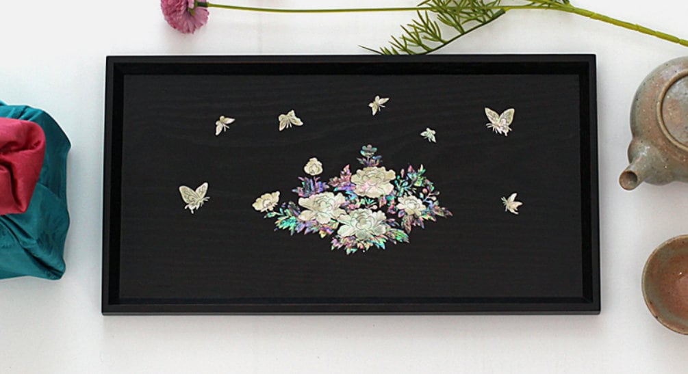 Najeon lacquerware peony antique mother of pearl tray