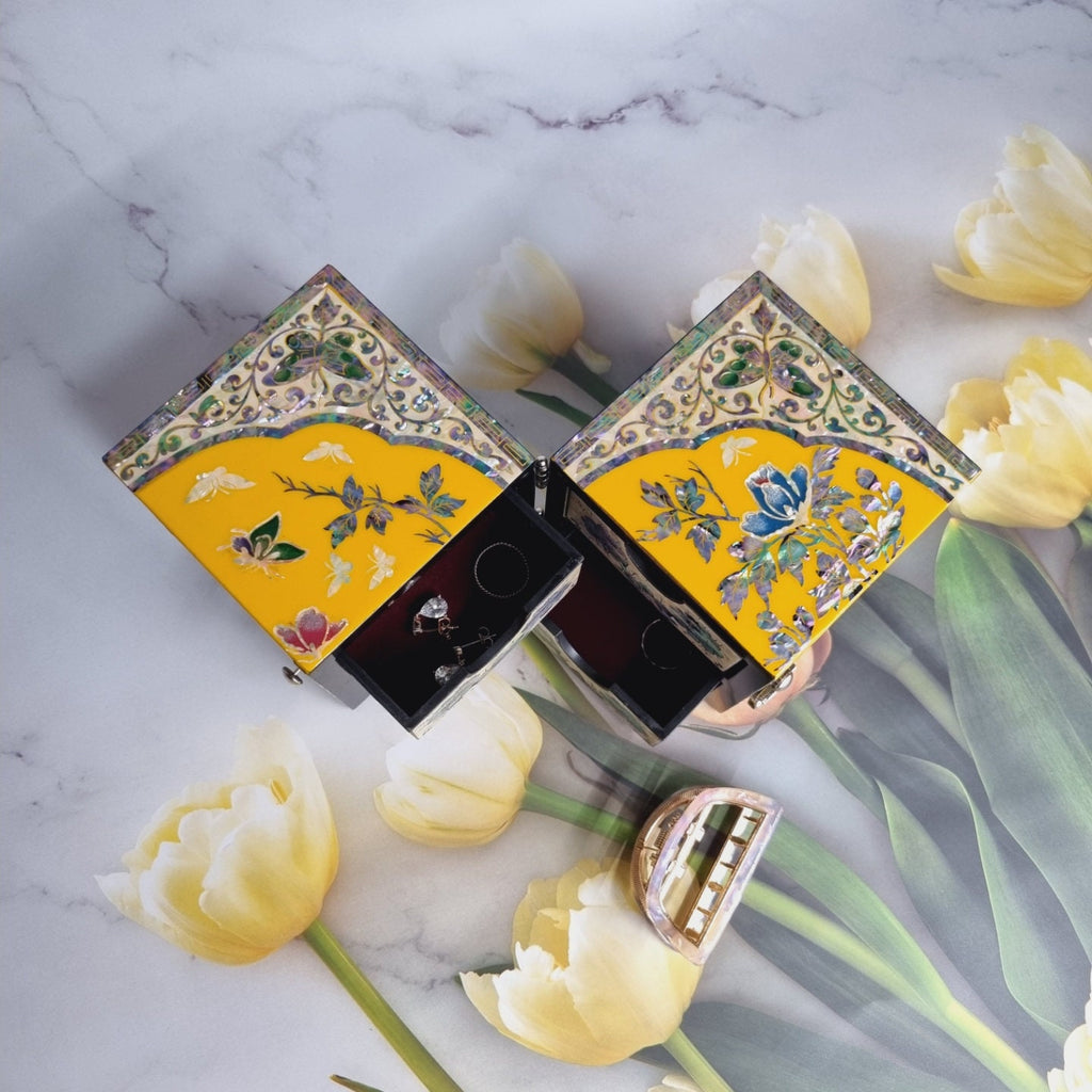 Freesia Yellow Mother of pearl Jewelry Box Najeon Lacquer Two stage mother of pearl box