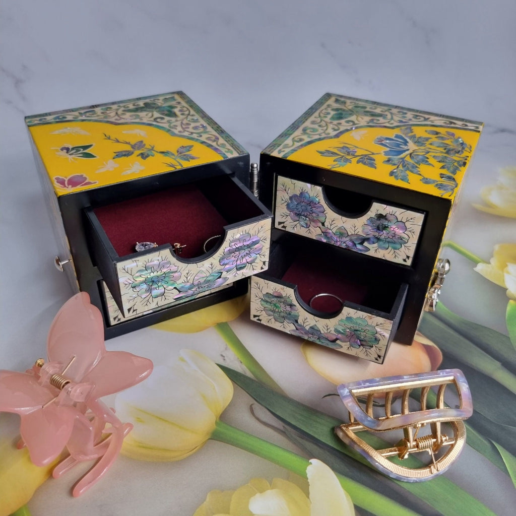 Freesia Yellow Mother of pearl Jewelry Box Najeon Lacquer Two stage mother of pearl box