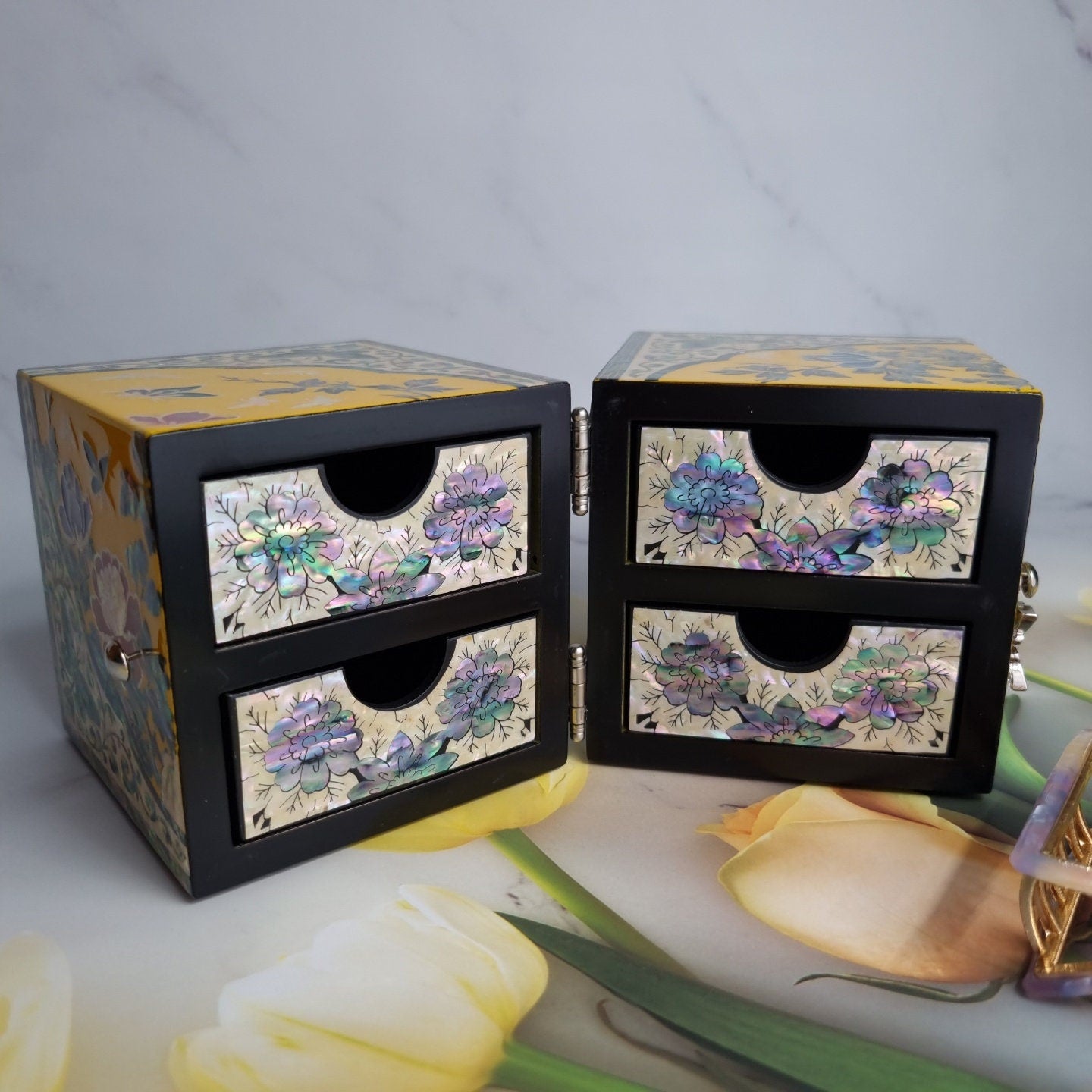 Freesia Yellow Mother of pearl Jewelry Box Najeon Lacquer Two stage mother of pearl box