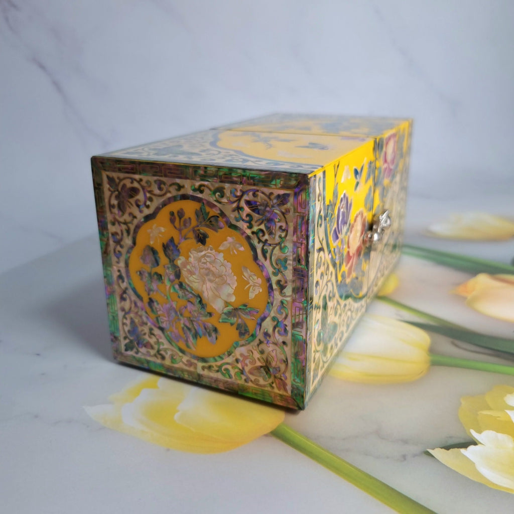 Freesia Yellow Mother of pearl Jewelry Box Najeon Lacquer Two stage mother of pearl box