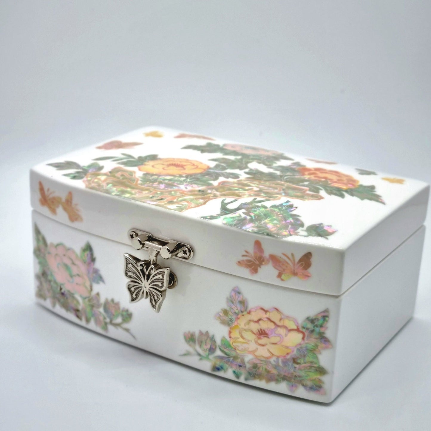 Korean peony flower white mother of pearl jewelry box