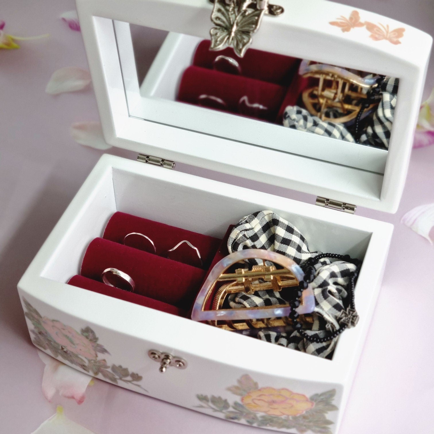 Korean peony flower white mother of pearl jewelry box
