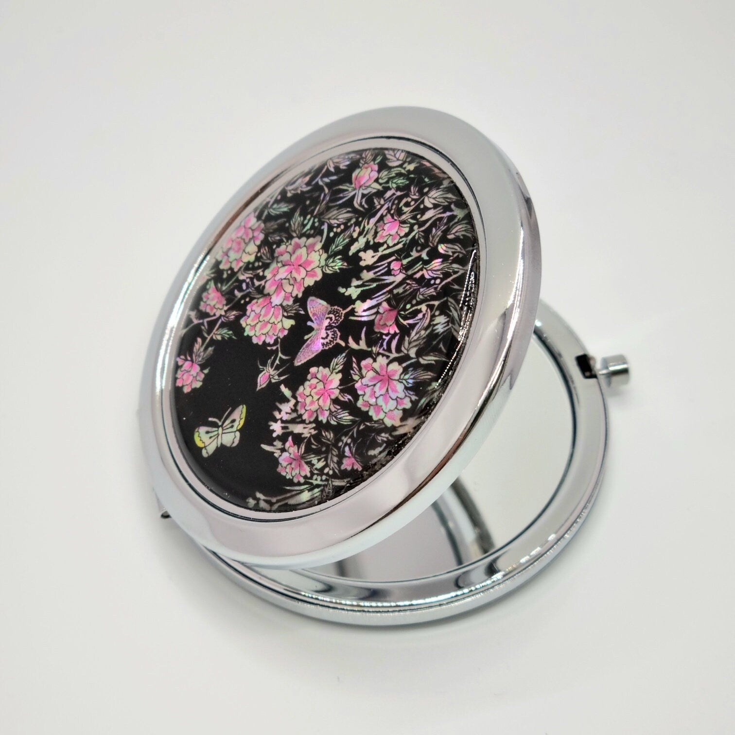 Korean traditional mother of pearl peony butterfly hand mirror
