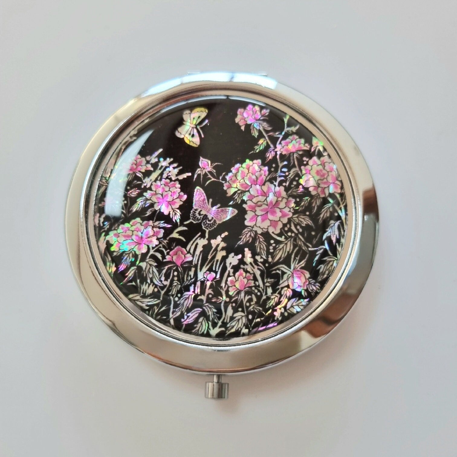 Korean traditional mother of pearl peony butterfly hand mirror