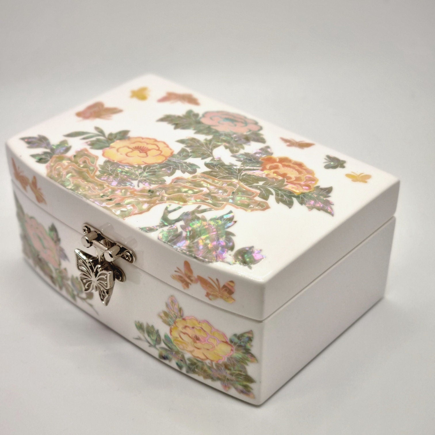 Korean peony flower white mother of pearl jewelry box