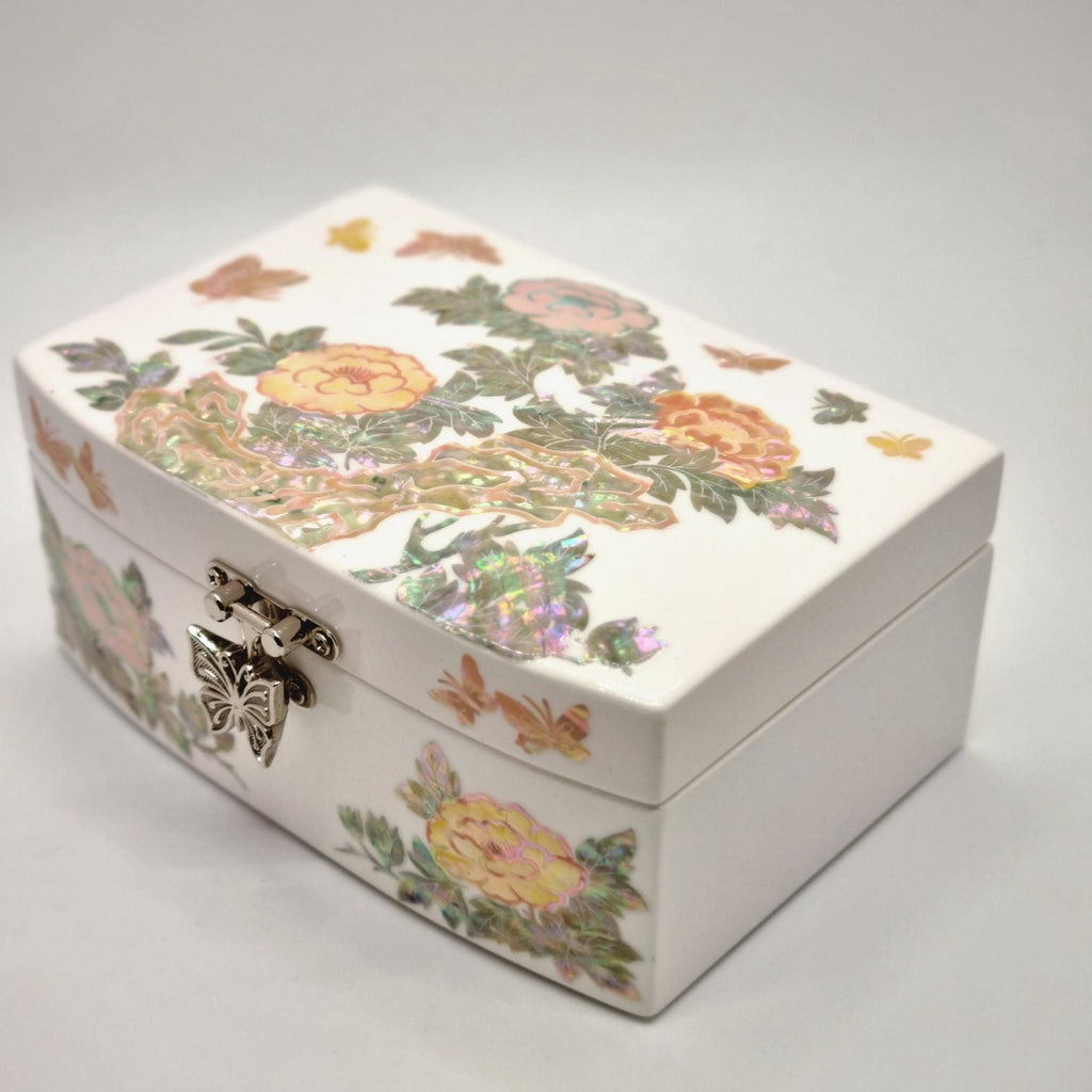 Korean peony flower white mother of pearl jewelry box