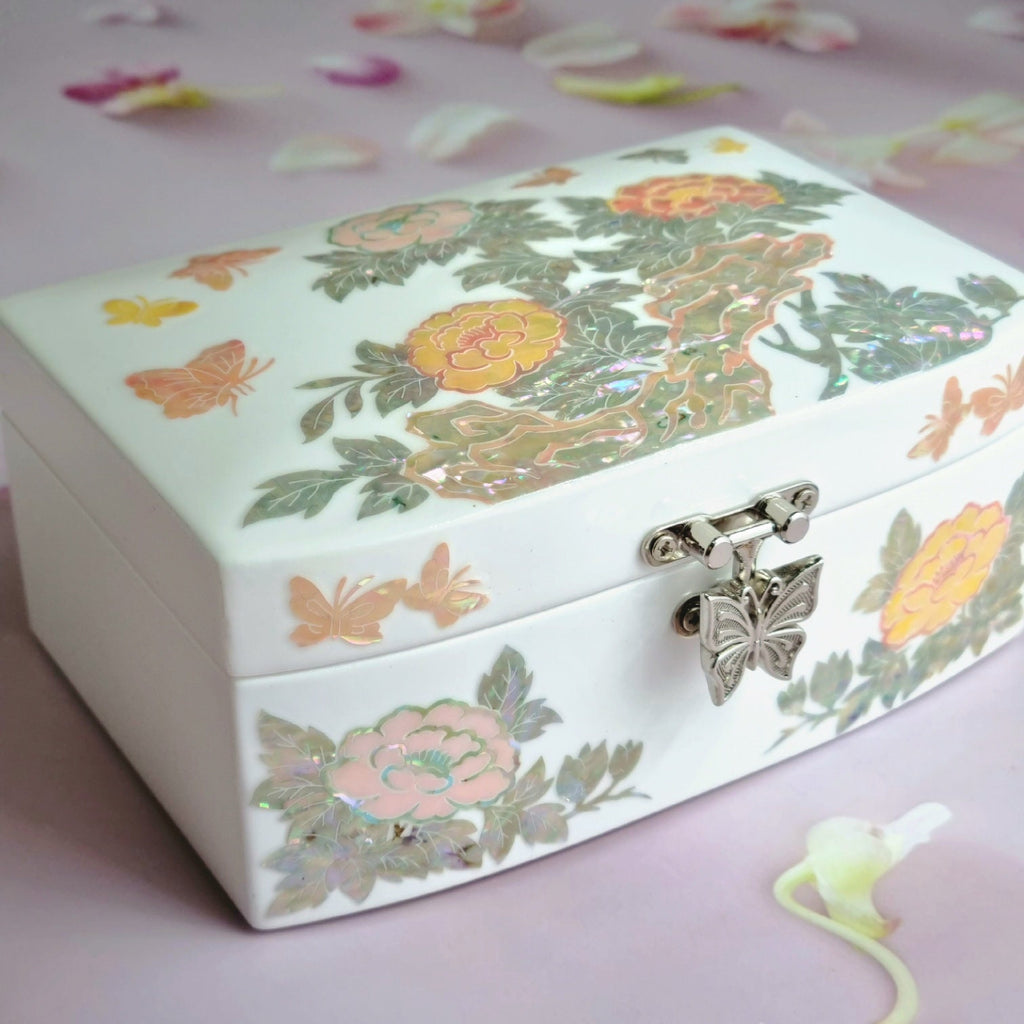 Korean peony flower white mother of pearl jewelry box