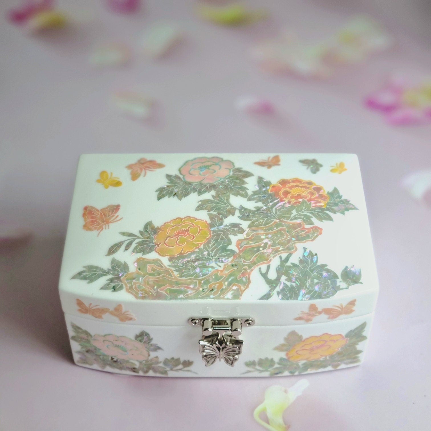 Korean peony flower white mother of pearl jewelry box