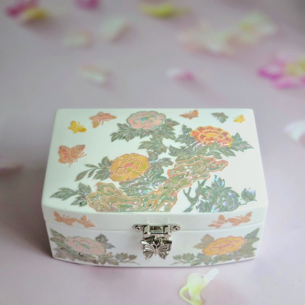 Korean peony flower white mother of pearl jewelry box